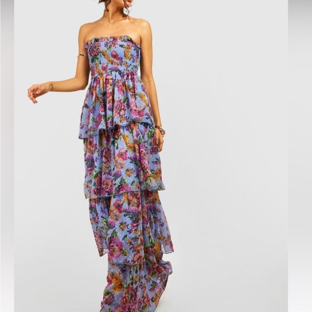 boohoo clifton floral strapless tiered maxi dress